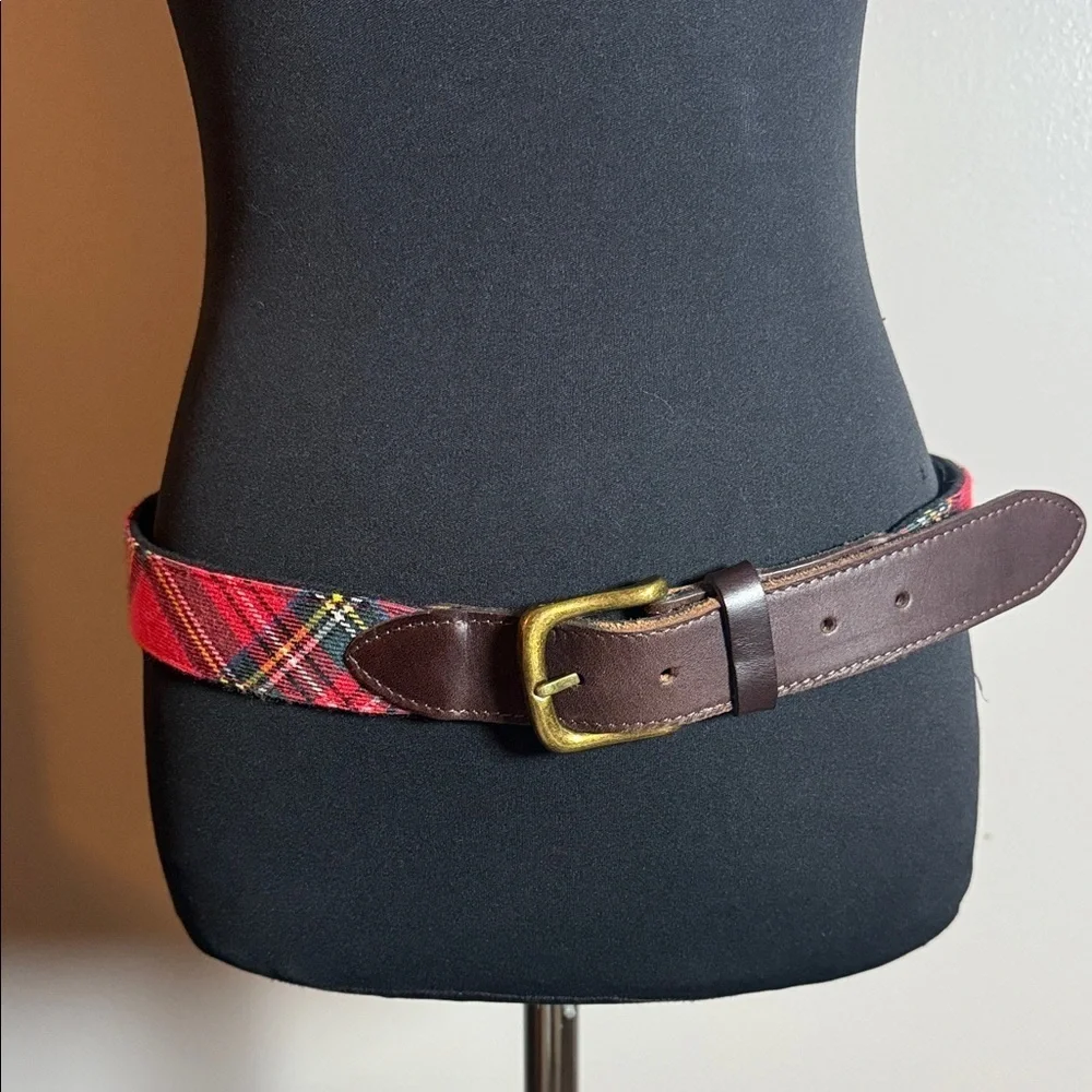 Red Tartan Plaid, Leather & Brass Belt SZ 36